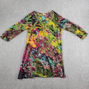 Loisir Floral Beach Coverup Colorful Drawstring Beaded Neckline Pool Summer